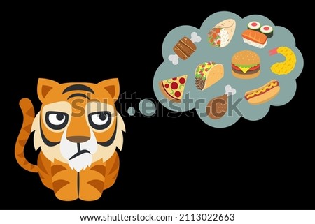 tiger and thought bubble with hamburger,pizza,meat,poultry leg,taco,burrito,hot dog,fried shrimp and sushi on black background,vector illustration