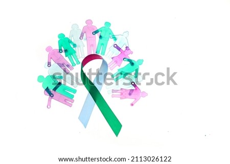 Rare Disease Day Background. Colorful awareness ribbon with group of people with rare diseases. Royalty-Free Stock Photo #2113026122