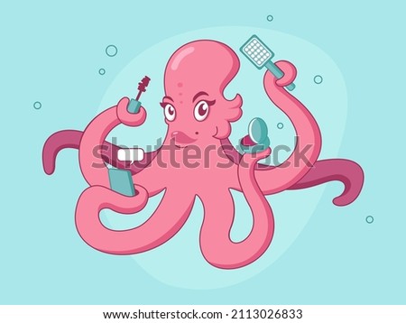 Pink octopus hand drawn flat vector illustration. Sea life, beautiful girl squid cartoon character. Aquatic animal with tentacles on blue background. Make-up concept, cosmetics sale, beauty salon