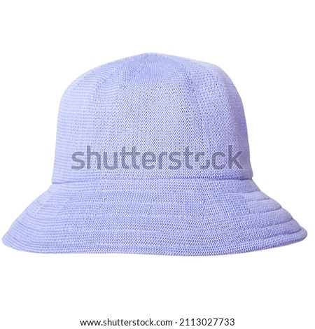 Stylish light blue violet summer hat or bucket hat for ladies or women. Woven cloche hat for girls on white background. Closeup. Detail. Royalty-Free Stock Photo #2113027733