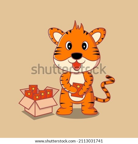 Cute Tiger Kid smiles and holds angpao. 