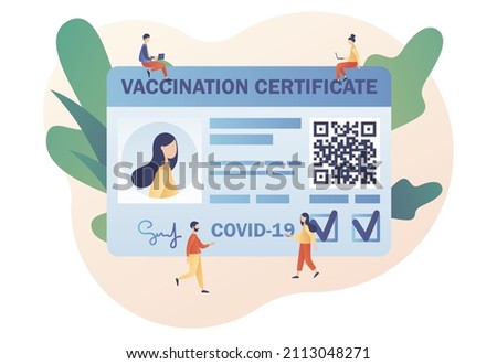 Vaccination certificate with QR code. Vaccine passport. People health passport of vaccination for covid-19. Travel during Coronavirus pandemic. Modern flat cartoon style. Vector illustration