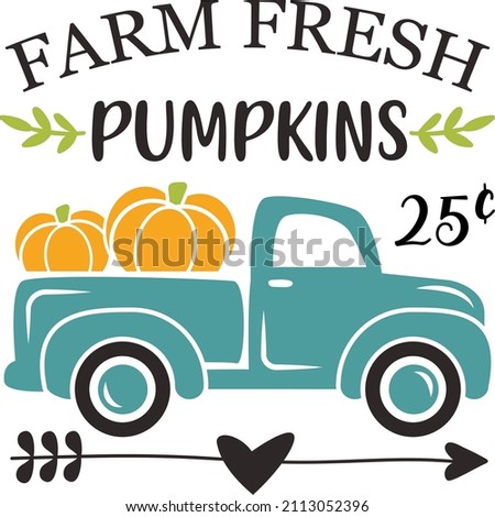 Farm fresh pumpkins sign with old vintage truck vector illustration isolated on white background. Fall harvest festival design perfect for banners, invitations, flyers, cards and so on