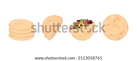 pita bread set. round tortilla stuffed with lettuce and falafel, half pie, a whole serving and stack of fresh baked goods. isolated ingredient for doner kebab preparation. Vector illustration Royalty-Free Stock Photo #2113058765