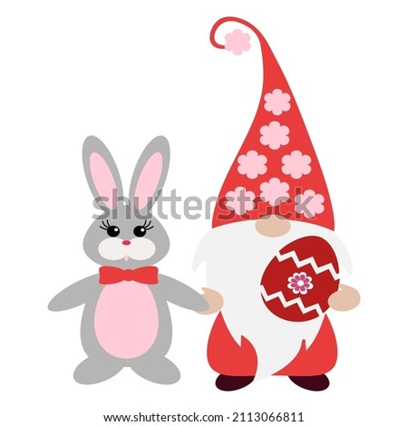 Easter Gnome with  Easter bunny. Vector illustration isolated on white.