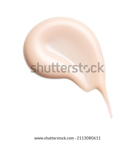 Beige Cosmetic Cream Isolated on White Background. Set of Lipstick Smear. Collection of Lip Gloss Smudge. Skin Tone CC Cream Tear Shape. Cosmetics BB Makeup Swatche. Drop of Liquid Foundation Stroke Royalty-Free Stock Photo #2113080611