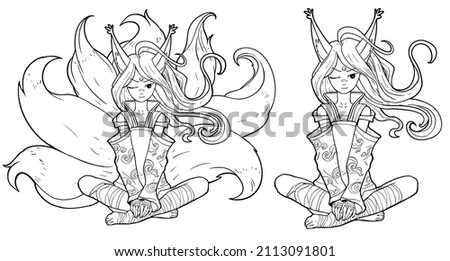 A cute fox girl squints playfully watching you with an open eye, she is a fox with tasseled ears and seven tails, she is wearing a kimono with clouds, peacefully sitting in the lotus position. 2d art