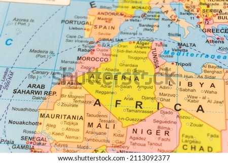 Algeria on the map. Close up and selective focus photography. Travel concept image.