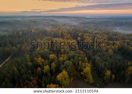 Beautiful sunrise over rich forest during autumn, captured form birds eye view (high ISO image)