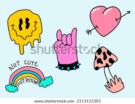 Set of cute illustrations for flash tattoo or sticker pack. Melting face, heart with arrow, rainbow, mushroom.