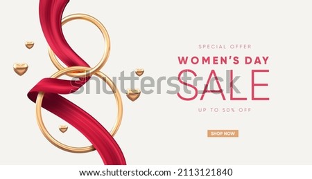 Elegant 8 March banner with golden 3d number and red ribbon. Vector illustration. Royalty-Free Stock Photo #2113121840