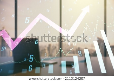Multi exposure of abstract creative financial graph with upward arrow and modern desktop with computer on background, forex and investment concept