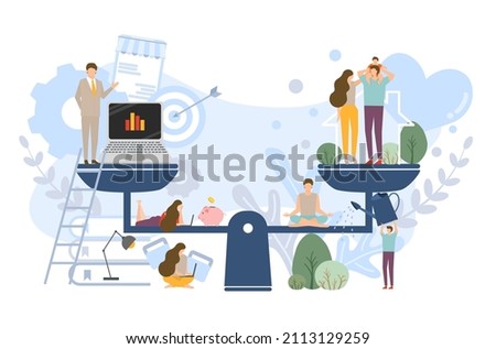 Flat design of work life balance concept and work life harmony vector, business people with leisure activities, relaxing lifestyle management vector, overwhelm business people with business tools. Royalty-Free Stock Photo #2113129259