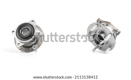 Car hub in silver color, isolated on a white background, hub friction bearing for wheel, car brake system
