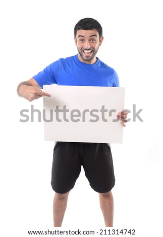 young attractive man holding blank billboard as copyspace for adding text , message or gym logo for advertising and marketing in healthy lifestyle , fitness concept isolated on white background