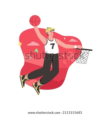 Athlete doing sports activities modern flat concept. Happy guy in uniform throwing ball and playing volleyball. Training and competition. Vector illustration with people scene for web banner design