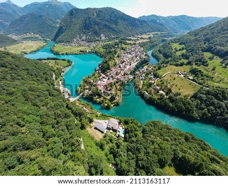 Most na Soci  (Most na Soči) is a town in the Municipality of Tolmin in the Littoral region of Slovenia. It is located on a rocky crest above the confluence of Soča and Idrijca rivers. Royalty-Free Stock Photo #2113163117