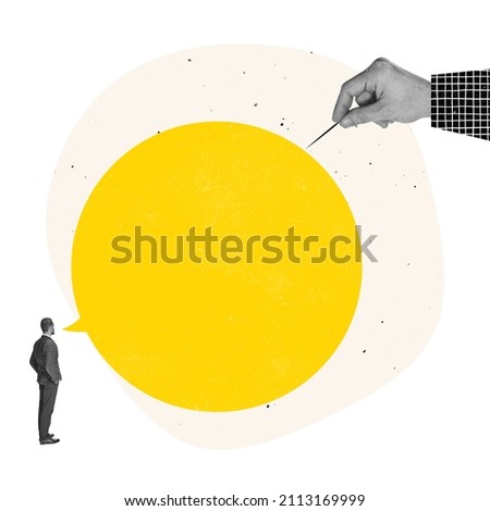 Creative design. Contemporary art collage of hand puncturing giant speech bubble symbolizing rejection of arguments. Variety of opinion. Conept of critics, communication, cooperation, professional