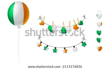 Festival set in colors of national flag. Clip art on white background. Ireland