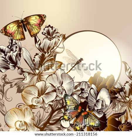 Vector illustration with fashion stylish butterflies and orchids