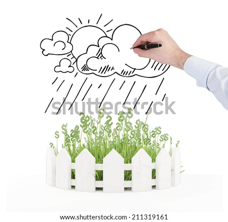 White wooden fence surrounds green flower bad and sketched rainy cloud, isolated on white background