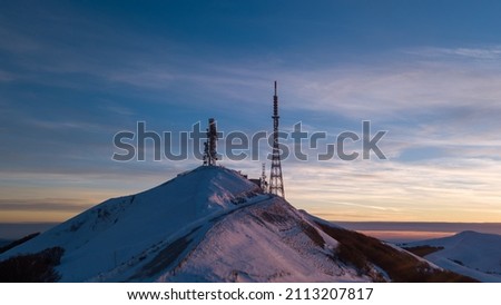 sunrise on Mount Nerone with RAI antennas in the Marche region in the Province of Pesaro Urbino Italy