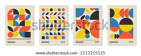 Set of 4 minimal vintage 20s geometric design posters, wall art, template, layout with primitive shapes elements. Bauhaus retro pattern background, vector abstract circle, triangle and square line art Royalty-Free Stock Photo #2113215125