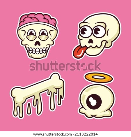 Cool sticker pack of funny cartoon doodle. Vector illustration of skull face, bone and eye. Isolated on premium vector