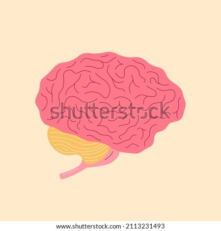 Human brain trendy cartoon style. Internal organ symbol flat and line design. Vector illustration isolated on yellow background