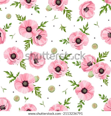 Vector seamless pattern with pink poppy flowers on a white background