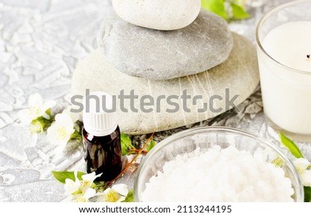 spa aroma salt with jasmine essential oil, Spa and bath homemade cosmetics, copy space, place for text, soft focus,