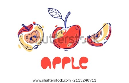 Red apples collection, doodle hand drawn flat icons and lettering in 70s style. Design elements for menu and kitchen decor isolated on white background.