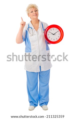 Mature doctor with clock isolated