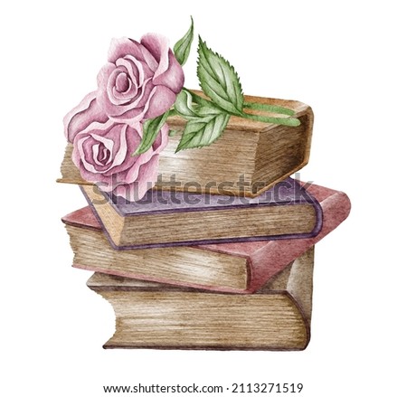 Watercolor vintage composition with old stack of closed books in different colors with meadow dried flowers isolated on white. Hand drawn illustration.