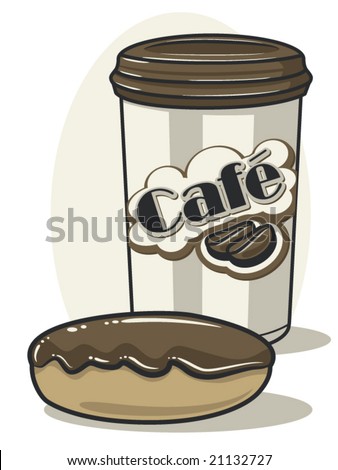 vector illustration of a take out coffee cup and a chocolate covered donut.....  cup graphic is contained in clipping mask.. perfect for a menu!
