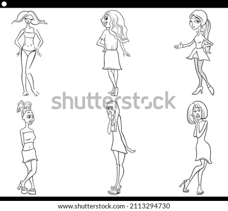 Black and white cartoon illustration of funny women characters caricature set coloring book page