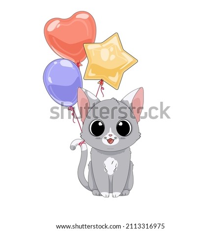 Little gray cat and three balloons. Vector illustration of a cute cartoon sitting cat. Adorable kitty. Isolated clip art on white background. Birthday celebration, holiday party decor, greeting card.