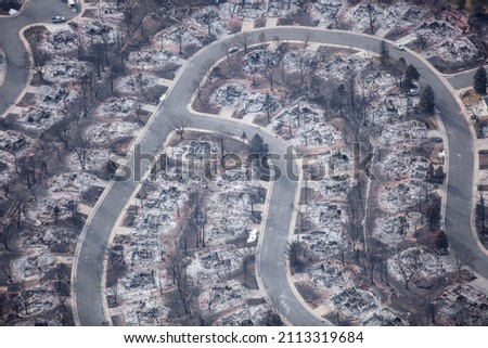 Burned neighborhood from Marshall wildfire, Louisville, Colorado 2021. Royalty-Free Stock Photo #2113319684