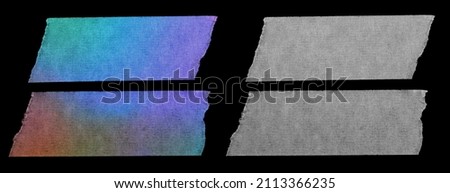pieces of neon and white cloth gaffer tape isolated on black background. Rainbow sticker set with teared edges.