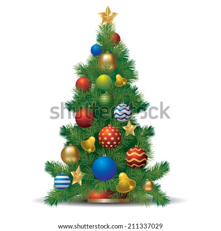 Christmas evergreen spruce tree and glass balls. Vector illustration