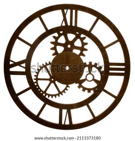 Wooden clock face with cogwheels isolated on white - Time concept