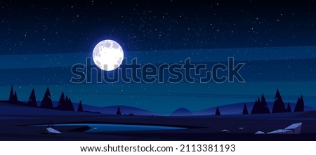 Meadow with grass, pond, conifers and hills on horizon at night. Vector illustration of summer landscape of field or pasture with plants, lake, full moon and stars in dark sky