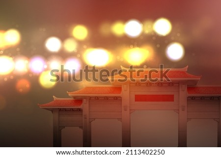 Chinese pavilion gate with red roof with blurred light background