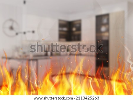Fire, explosion with red flames of fire in the kitchen in a living room with a blurred background, prevention. Safety banner. High quality photo Royalty-Free Stock Photo #2113425263
