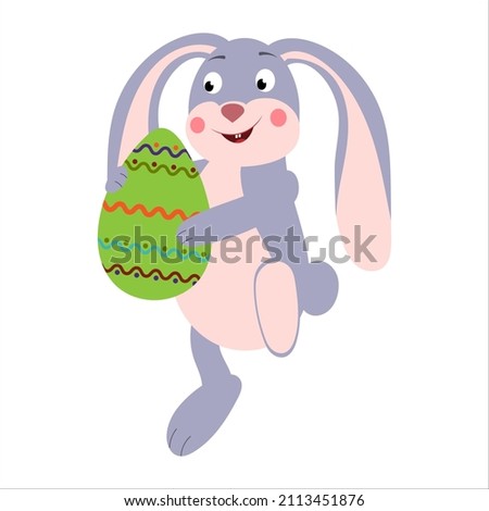 The cartoon character Easter Bunny is a rabbit with a painted Easter egg. Vector isolated on a white background.