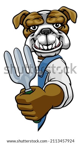 A bulldog gardener cartoon gardening animal mascot holding a garden fork tool peeking round a sign