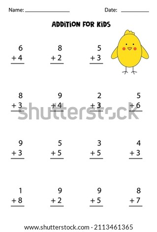 Addition game with cute Easter chick. Math game for kids.