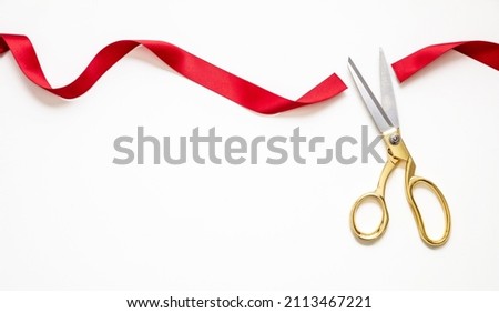 Inaugural invitation template, ribbon cut, Grand opening, New business launch concept. Gold scissors isolated on white background, copy space Royalty-Free Stock Photo #2113467221