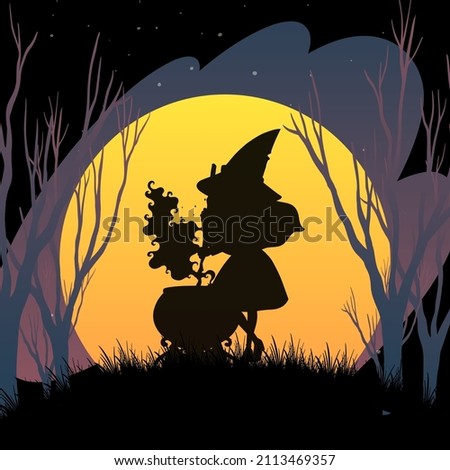 Halloween night background with witch silhouette illustration