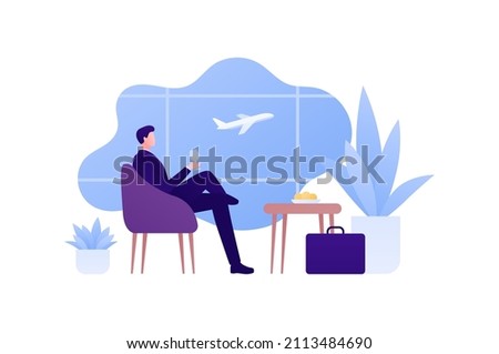 Business travel concept. Vector flat people illustration. Male businessman executive in suit sitting with wine glass and relax in vip departure lounge on airport window with air plane background. Royalty-Free Stock Photo #2113484690